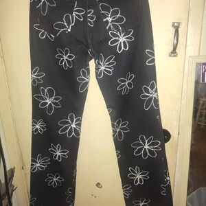 Reformation Black Wide-Leg Jeans with White Floral Embroidery